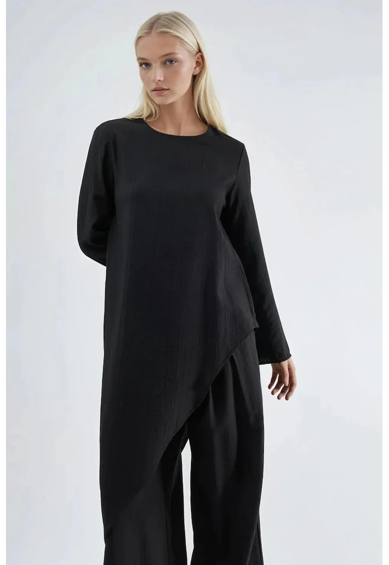 Bluza dama,  tunica texturata cu nasturi, negru, poliester