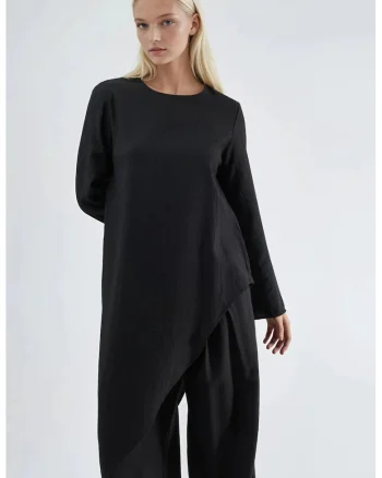 Bluza dama,  tunica texturata cu nasturi, negru, poliester