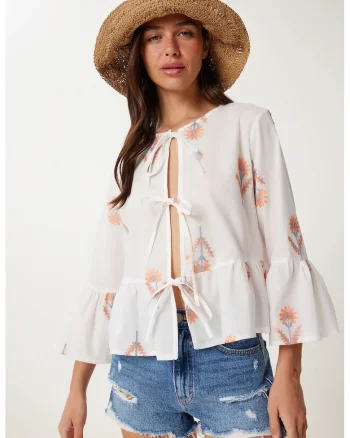 Bluza dama, Happiness Istanbul, florala, maneca lunga, alb, 100% bumbac