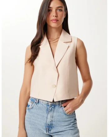 Vesta dama, Happiness Istanbul, scurta, casual, crem natural, 100% in, fara maneci