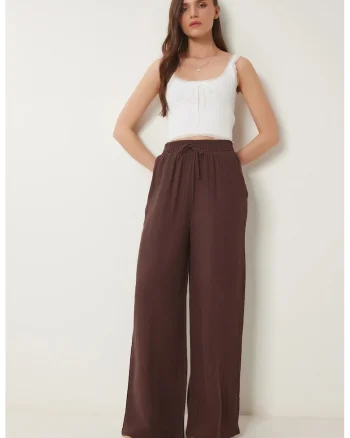 Pantaloni dama, Happiness Istanbul, picior larg, maro, bumbac