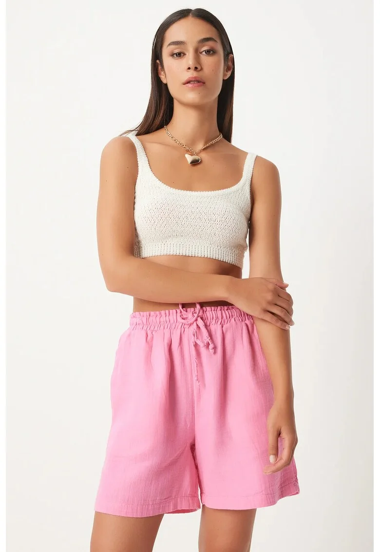 Pantaloni scurti, Happiness Istanbul, bumbac, talie inalta, picior larg, roz garofa,