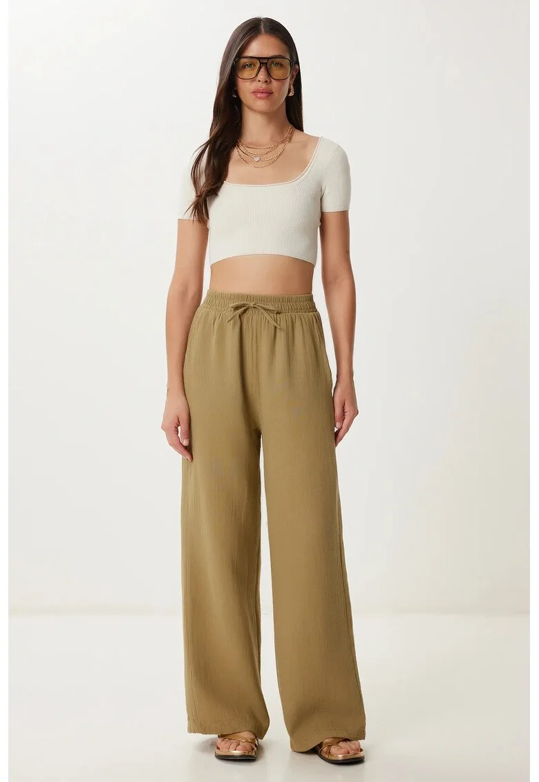 Pantaloni dama, Happiness Istanbul, talie cu snur, verde, bumbac