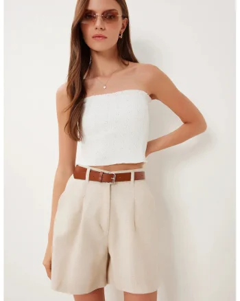 Pantaloni scurti, Happiness Istanbul, talie inalta, cu curea, bej natural, bumbac