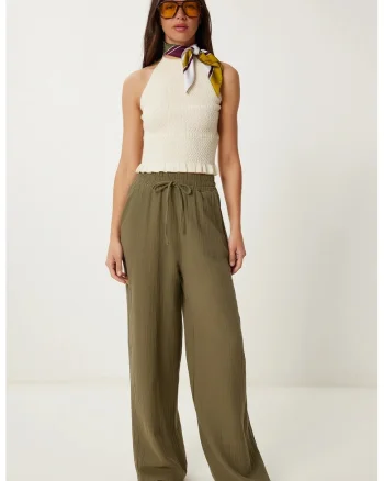 Pantaloni dama, Happiness Istanbul, talie cu snur, picior larg, verde, bumbac