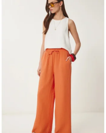 Pantaloni dama, Happiness Istanbul, picior larg, portocaliu, 100% bumbac