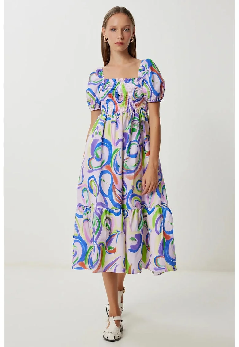 Rochie Midi, Happiness Istanbul, A-line, imprimeu abstract, mov, poliester-bumbac