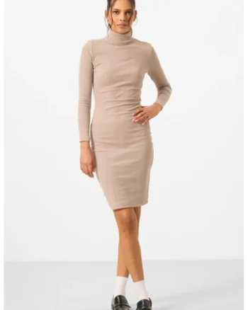 Rochie Midi  Guler Inalt, Maneca Lunga, Bej Natural, Bumbac-Elastan