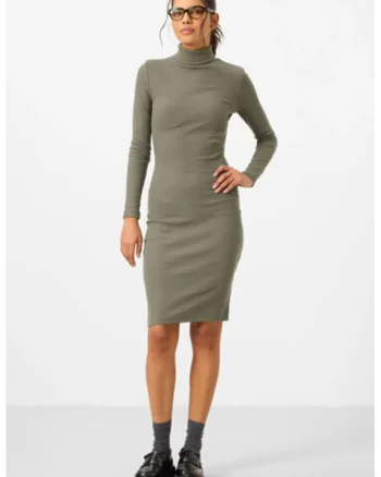 Rochie Midi  Guler Inalt, Maneca Lunga, Verde, Bumbac-Elastan