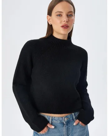 Pulover dama,  pulover tricotat scurt, negru, lejer, acrilic-poliester,