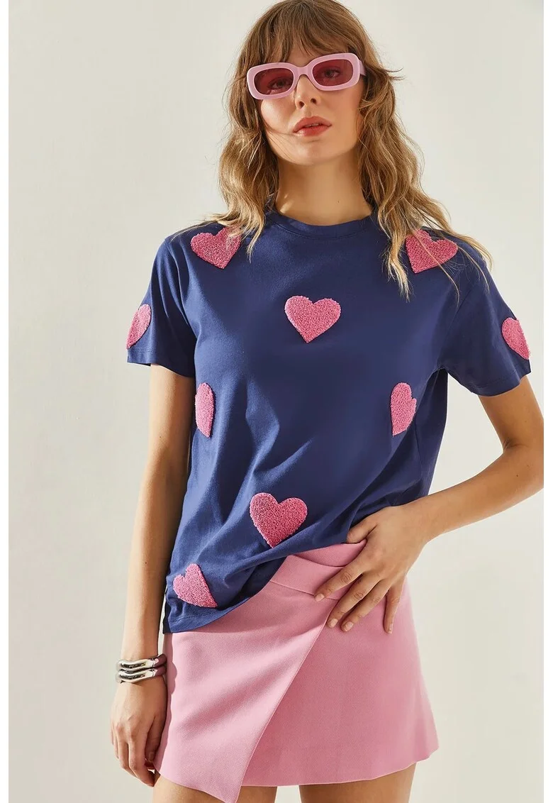 Tricou dama, Bianco Lucci, simplu cu broderie, albastru marin, jerseu