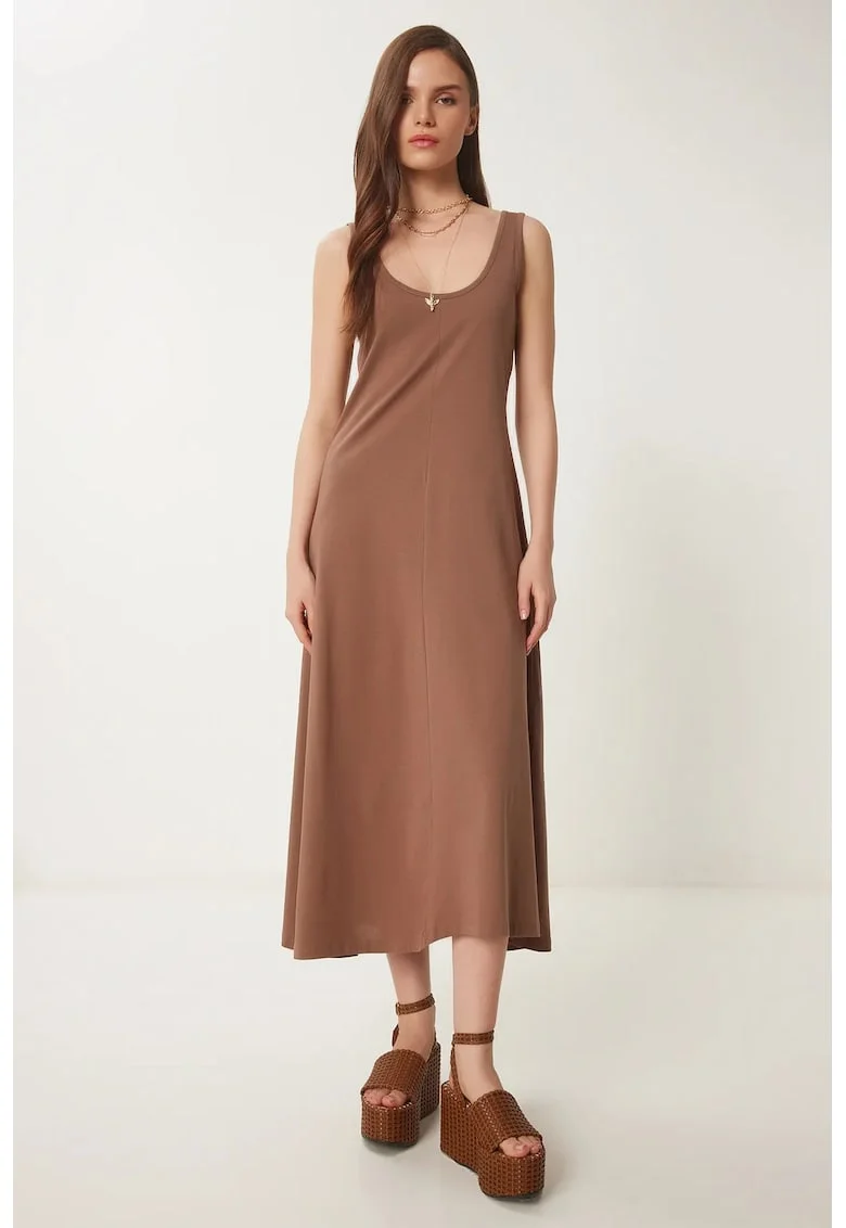 Rochie Midi, Happiness Istanbul, Casual, 100% bumbac, Maro Mocha