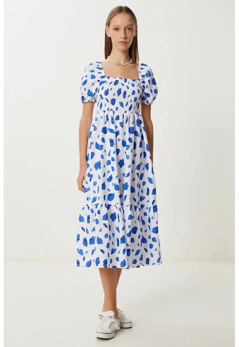 Rochie midi, Happiness Istanbul, imprimeu abstract, volanase, albastru, poliester-bumbac