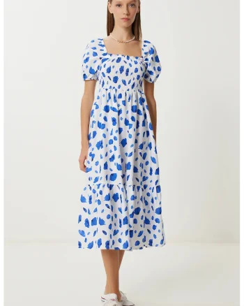 Rochie midi, Happiness Istanbul, imprimeu abstract, volanase, albastru, poliester-bumbac