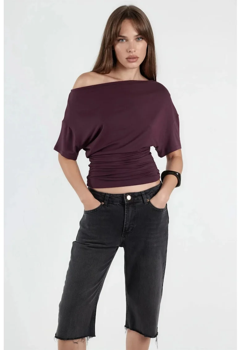 Tricou dama,  top tricotat scurt, guler asimetric, mov ametist, material usor