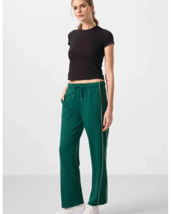 Pantaloni dama  talie elastica, verde, viscoza/poliester