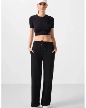 Pantaloni dama,  talie medie, negru, bumbac
