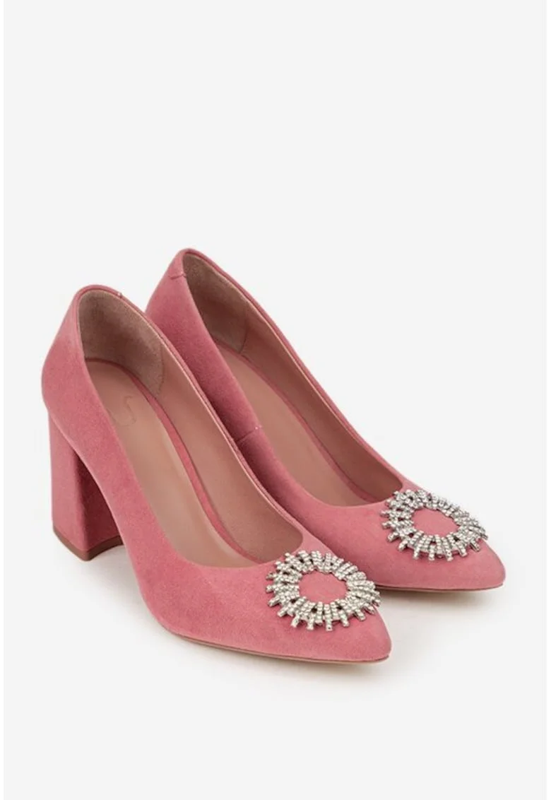 Pantofi dama NUR roz pudra din piele intoarsa cu ornament
