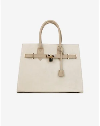 Geanta dama bej cu taupe din piele cu accesoriu lacat