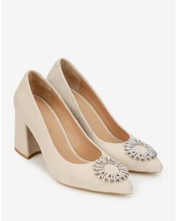 Pantofi dama NUR bej din piele intoarsa cu ornament