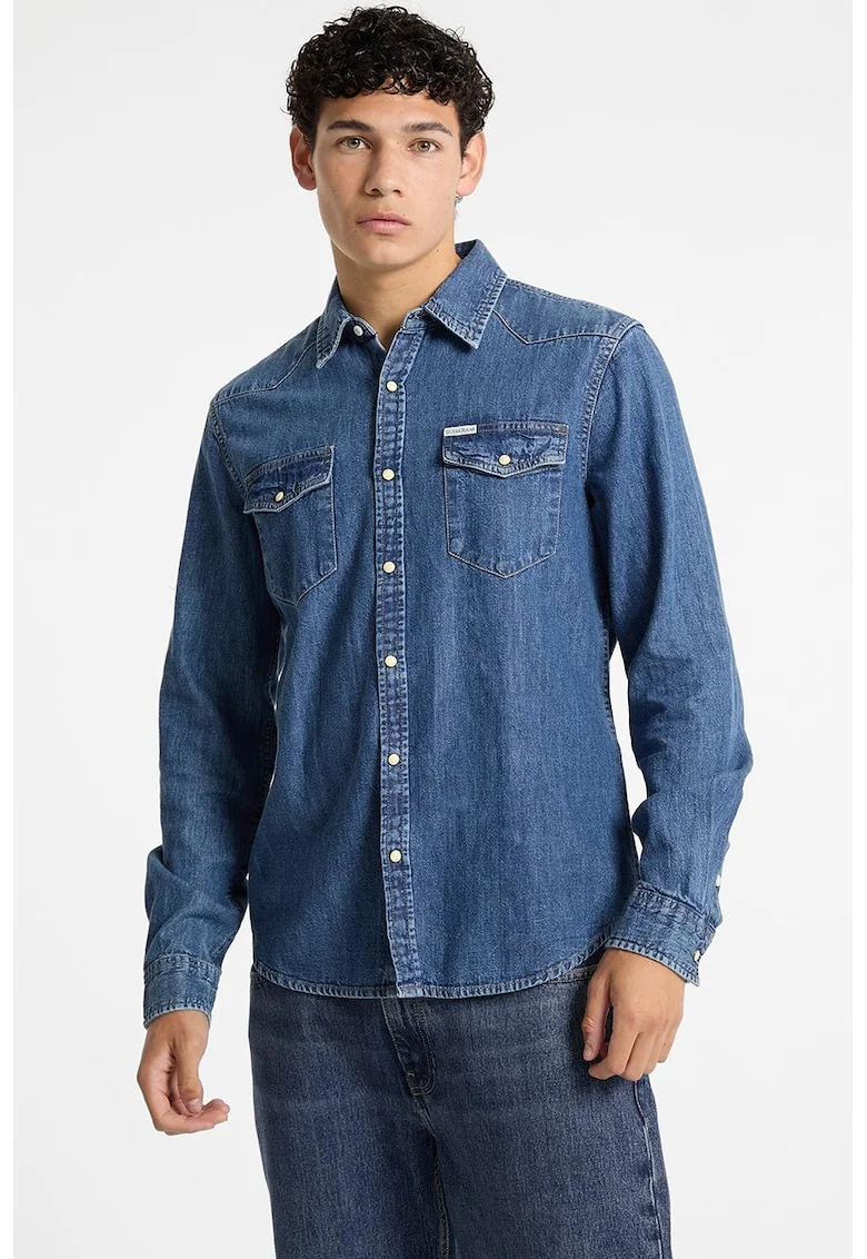Camasa slim-fit din denim cu capsa, Albastru melange