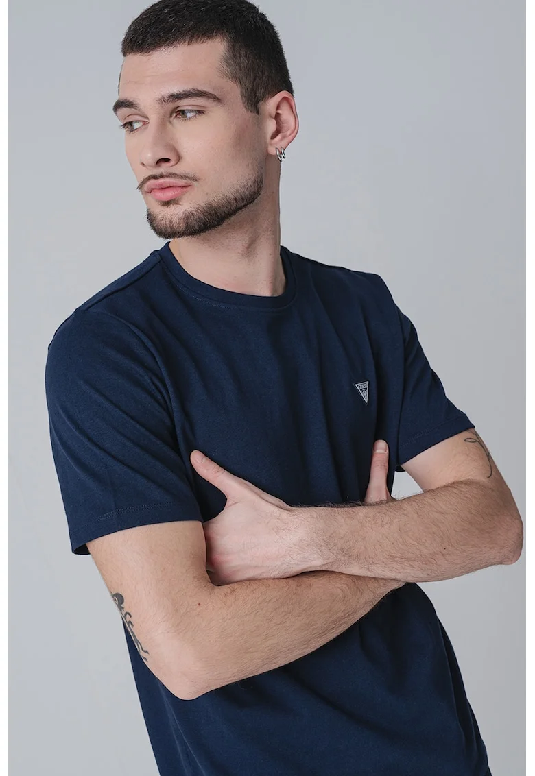 Tricou de bumbac cu decolteu la baza gatului, Bleumarin