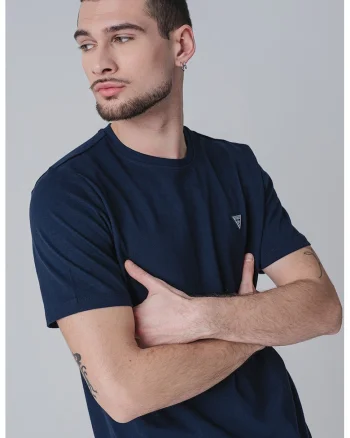 Tricou de bumbac cu decolteu la baza gatului, Bleumarin