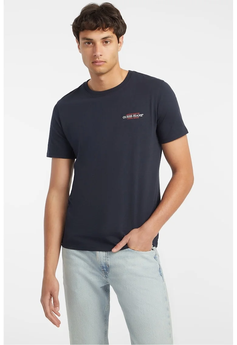 Tricou slim fit cu decolteu la baza gatului, Negru stins