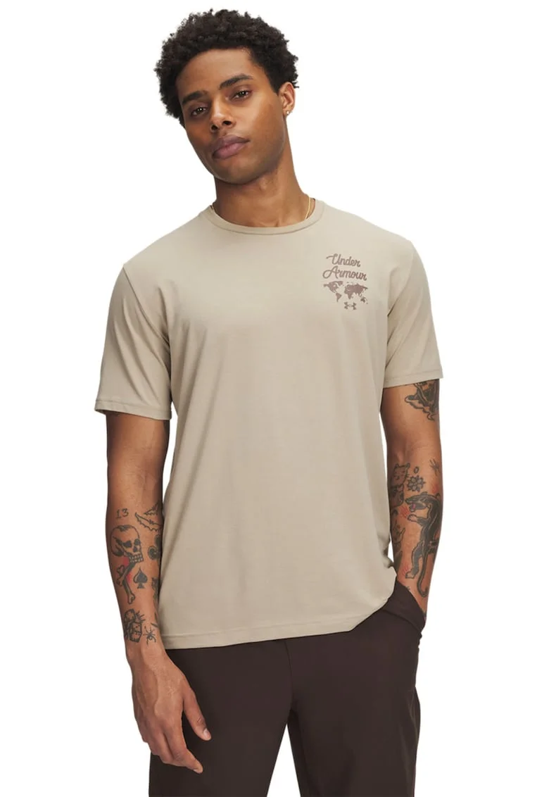 Tricou cu logo si imprimeu pe spate Sports, Bej