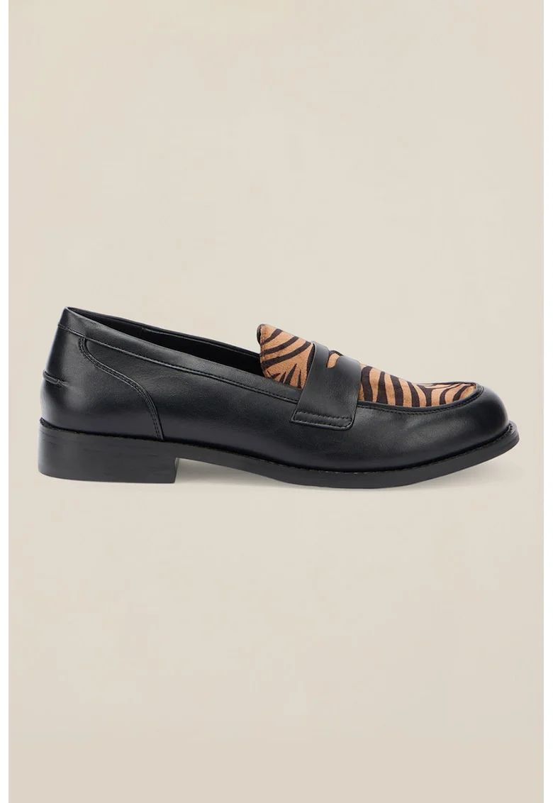 Pantofi loafer din piele ecologica cu animal print, Negru