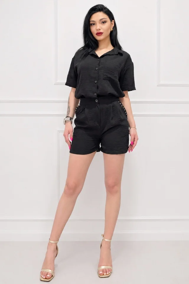 Compleu casual cu bumbac, cristale KARMELL, si pantaloni scurti, Negru