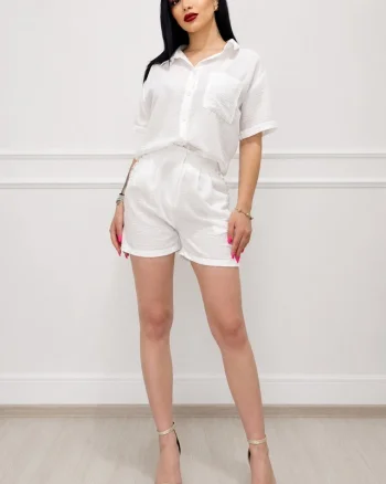 Compleu casual cu bumbac, cristale KARMELL, si pantaloni scurti, ALB