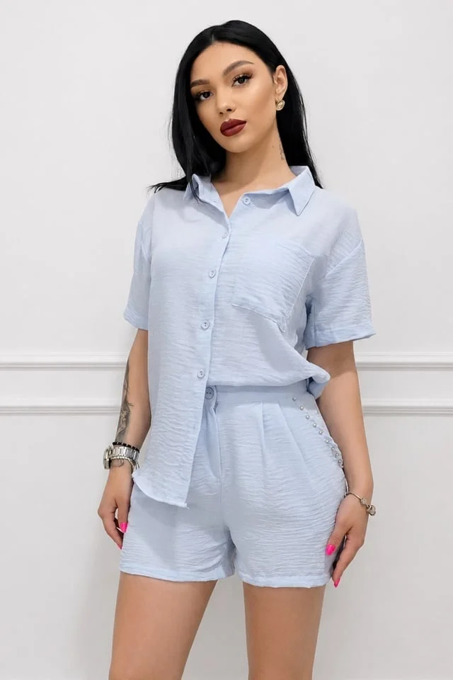 Compleu casual cu bumbac, cristale KARMELL, si pantaloni scurti, Baby Blue