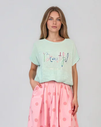 Tricou din in și bumbac cu print Beautiful aqua - Unica S-L