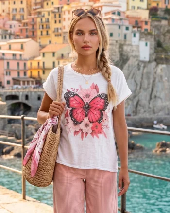 Tricou din in și bumbac cu print alb-ciclam - Unica S-L