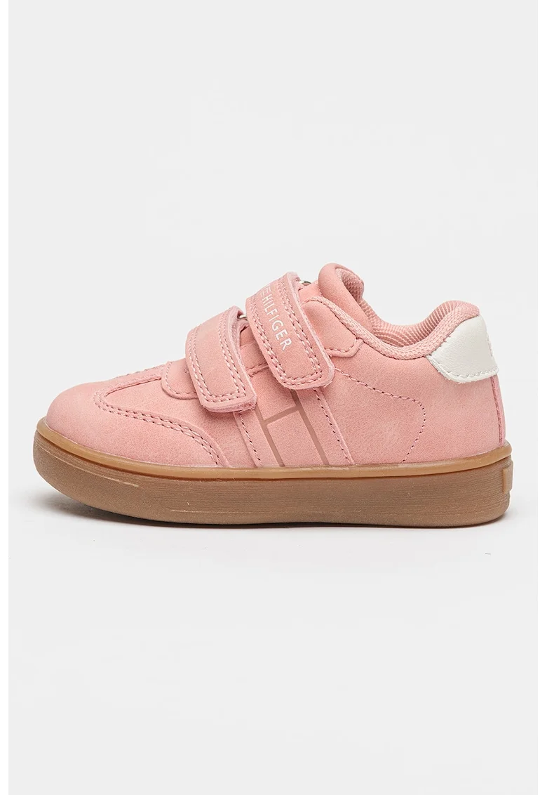 Pantofi sport de piele intoarsa ecologica cu velcro, Caramel/Roz prafuit