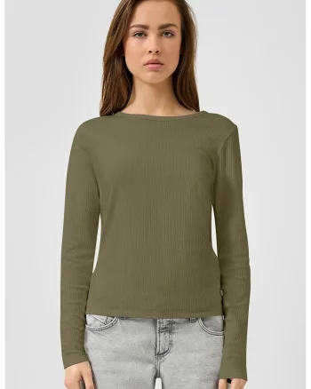 Bluza striata cu decolteu la baza gatului, Kaki