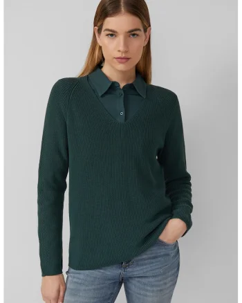 Pulover regular-fit cu decolteu in V, Verde inchis