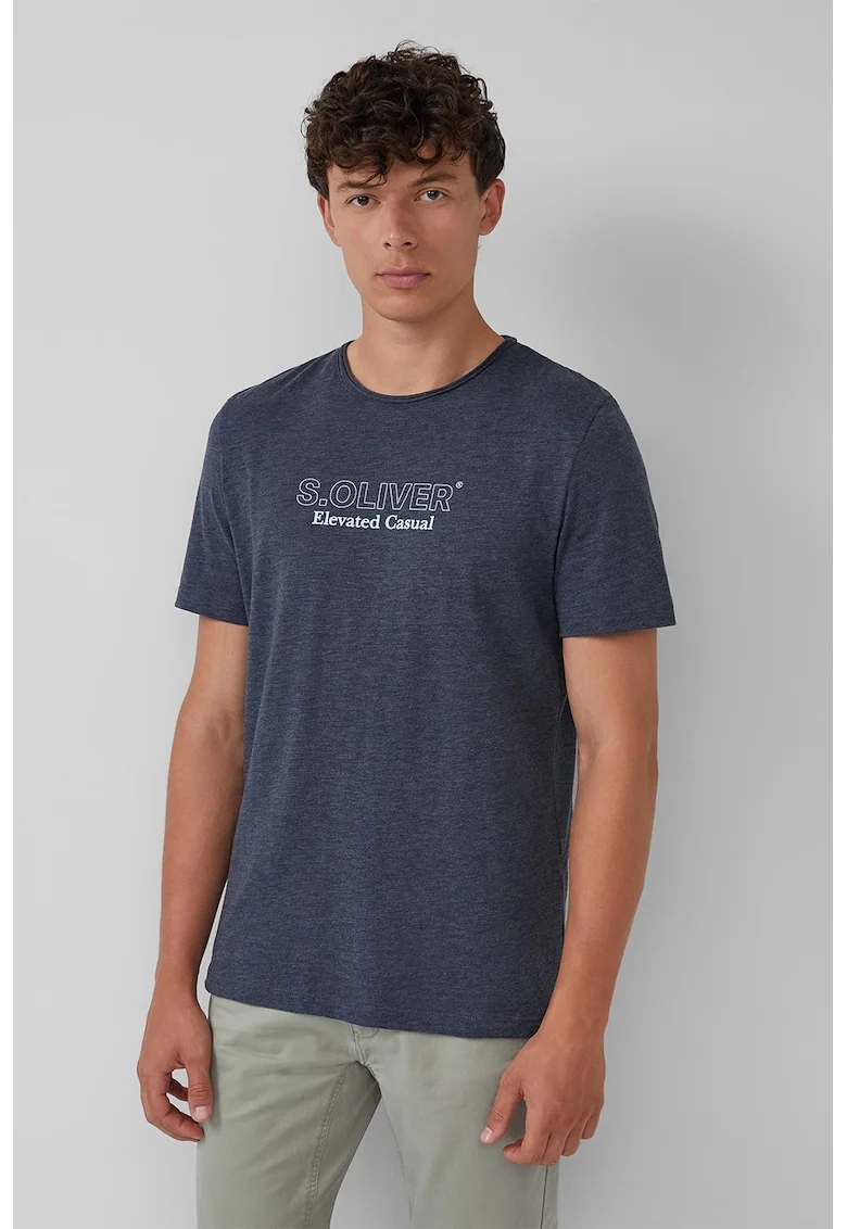Tricou cu decolteu la baza gatului si imprimeu logo pe piept, Gri carbune