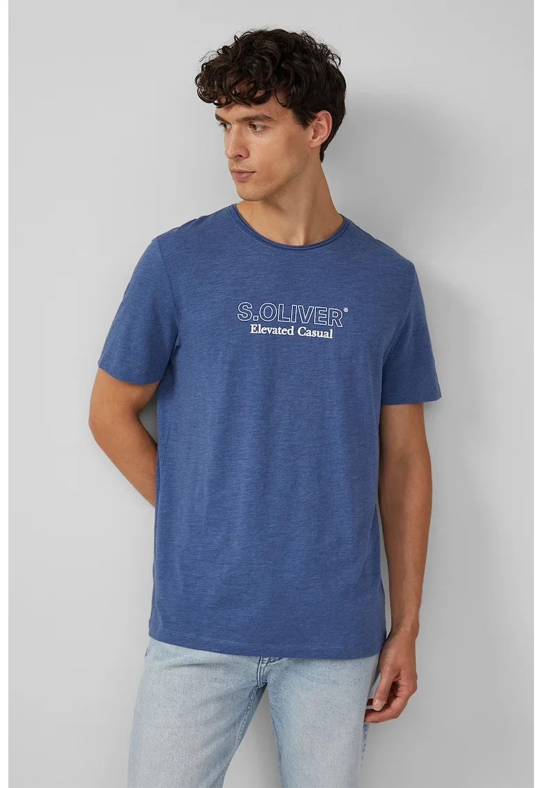 Tricou cu decolteu la baza gatului si imprimeu logo pe piept, Albastru melange