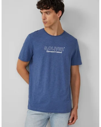 Tricou cu decolteu la baza gatului si imprimeu logo pe piept, Albastru melange