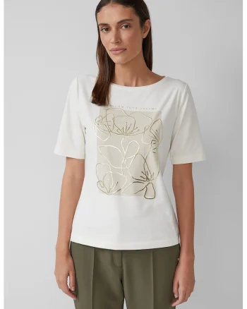 Tricou din amestec de bumbac cu model floral, Auriu/Alb murdar