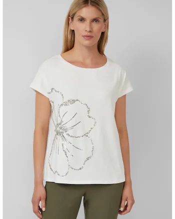 Tricou cu decolteu rotund si model floral, Alb murdar/Argintiu