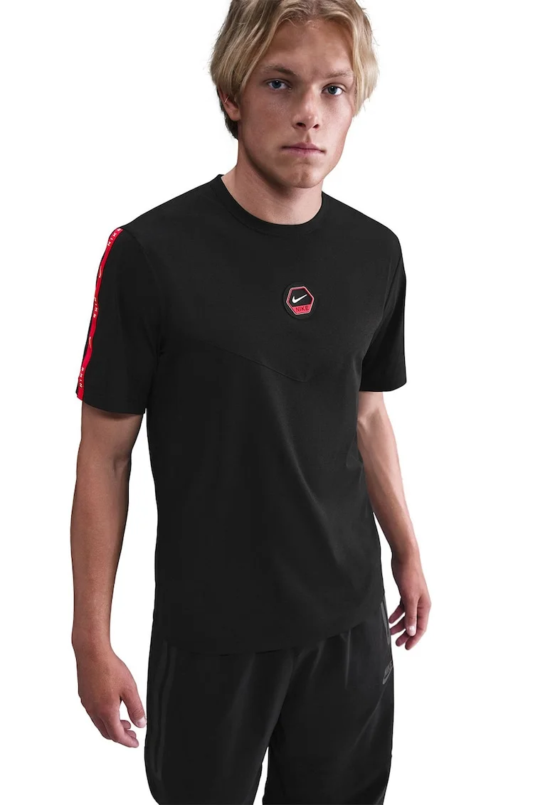 Tricou cu decolteu la baza gatului si detaliu logo, Negru