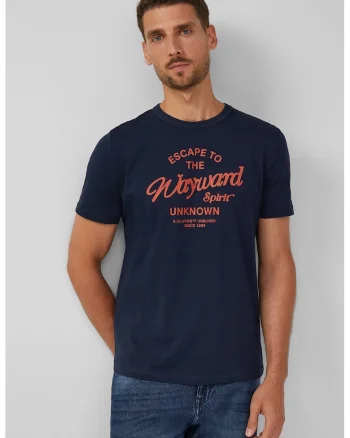 Tricou cu logo si decolteu la baza gatului, Coral/Bleumarin