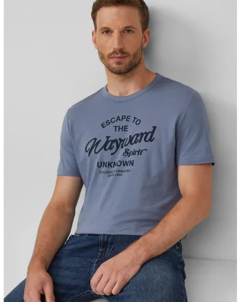 Tricou cu logo si decolteu la baza gatului, Albastru inchis