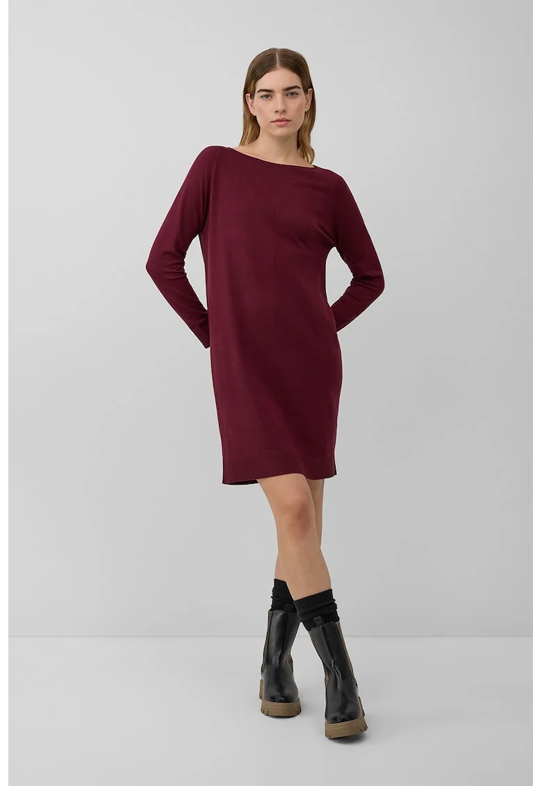 Rochie dreapta tricotata fin cu decolteu barcuta, Rosu inchis