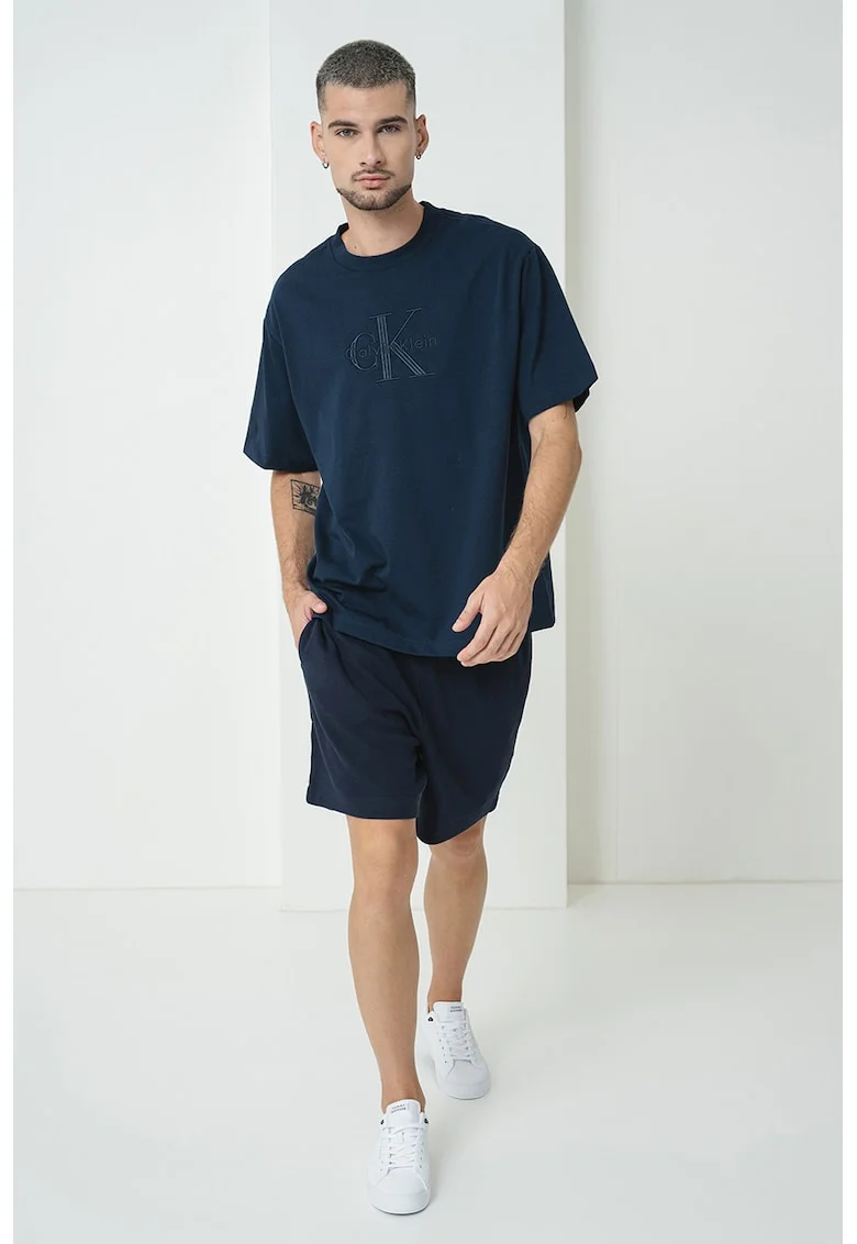 Tricou cu decolteu la baza gatului si logo brodat, Albastru indigo