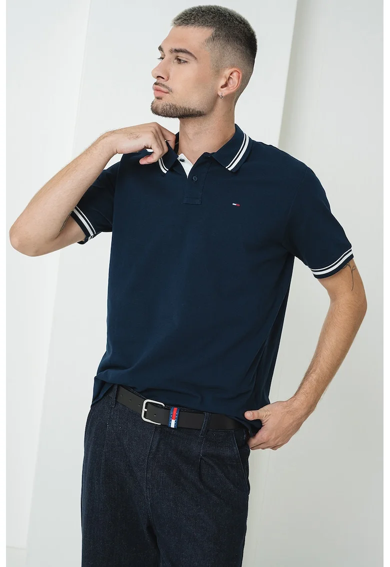 Tricou regular fit cu terminatii contrastante, Alb/Bleumarin