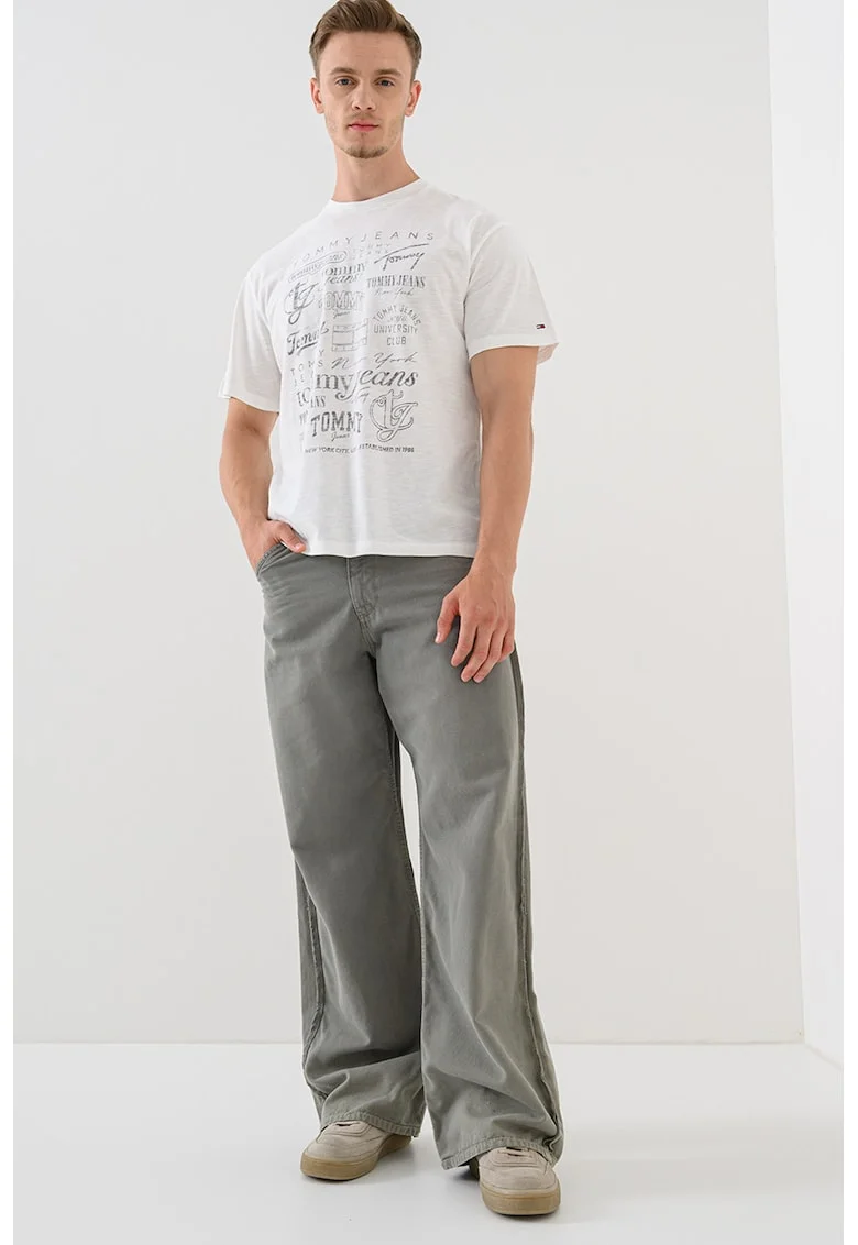 Tricou cu decolteu la baza gatului si imprimeu, Negru stins/Alb murdar